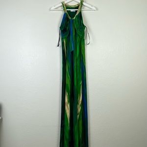 Calvin Klein green/blue polyester maxi open shoulder dress size 4.
